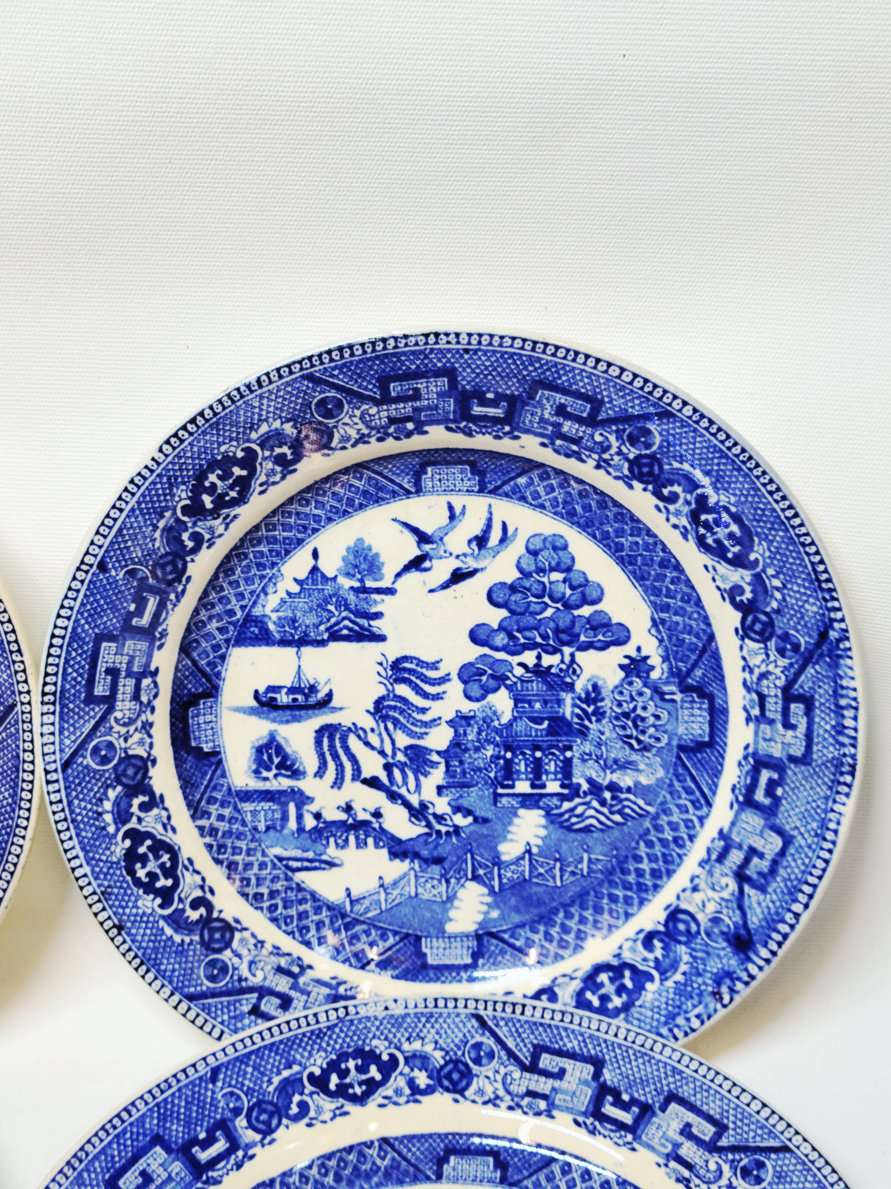 9 Antique Plates 19th Century Blue Willow Pattern Chinese Blue Decor