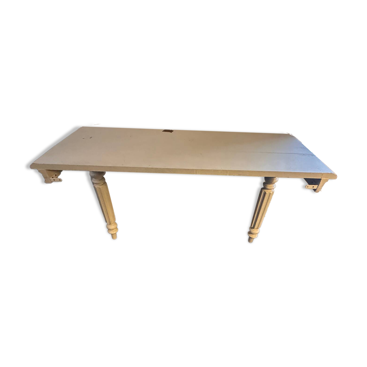 Vintage console in weathered white wood – Chic country style, tapered legs.