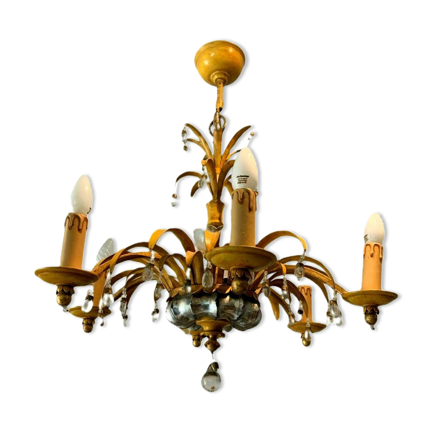 Glass chandelier and patinated sheet metal Six arms of light XX century
