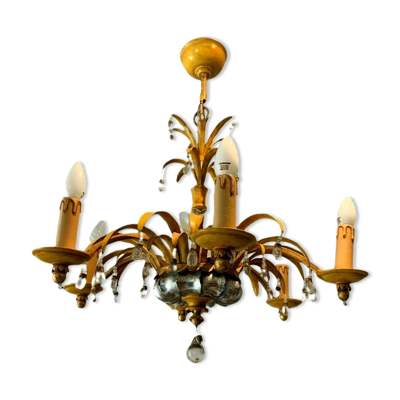 Lustre en verre et tôle patinée six bras de lumière XX siècle