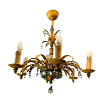 Glass chandelier and patinated sheet metal Six arms of light XX century