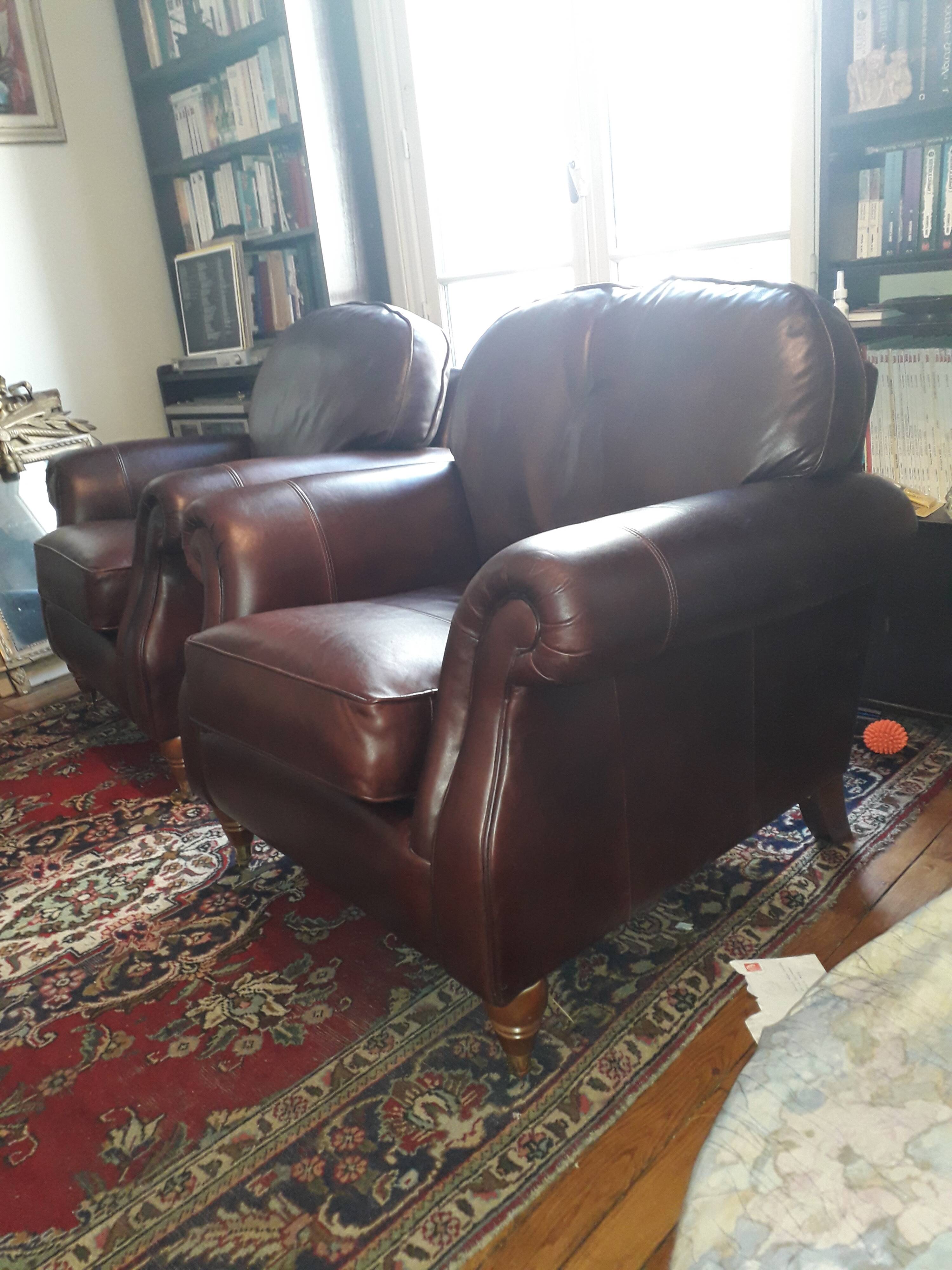 Napoleon III style leather armchair pair