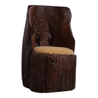 Primitive wabi-sabi Swedish stump chair, hand-carved, lambswool seat, 1900s
