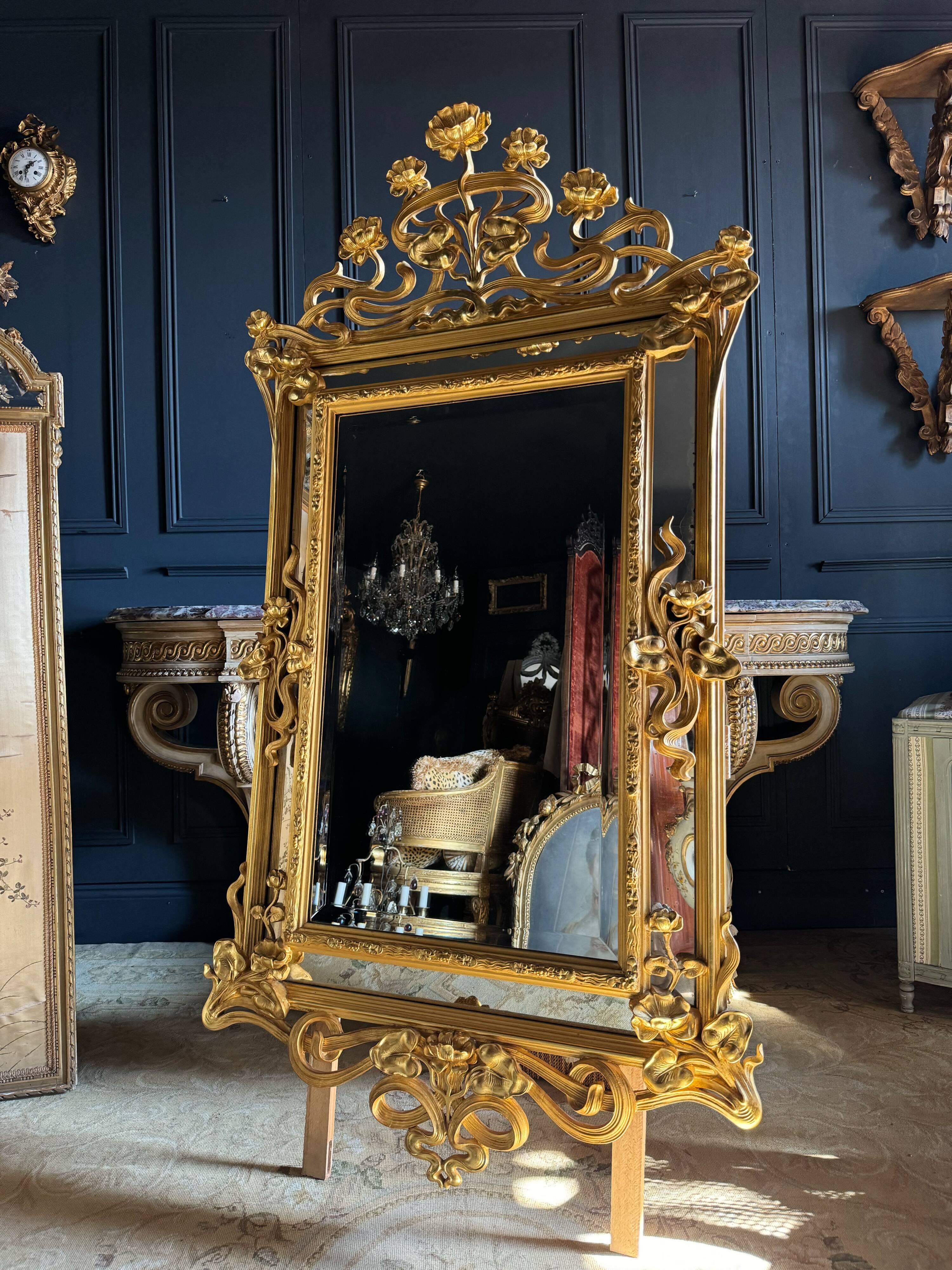 Art Nouveau Period Mirror in Wood Gilded with Gold Leaf - Late 19th Century