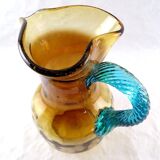Pitcher in blown glass Portieux model Georges Sand amber and vintage blue France