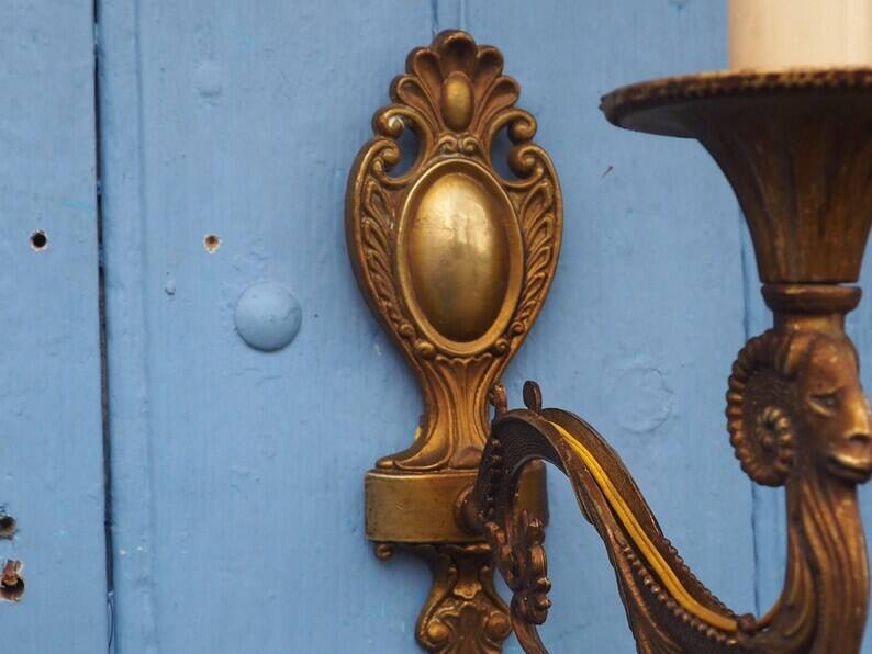 Vintage Rams Head French Bronze Wall Sconces Wall Lights C1930s Pair