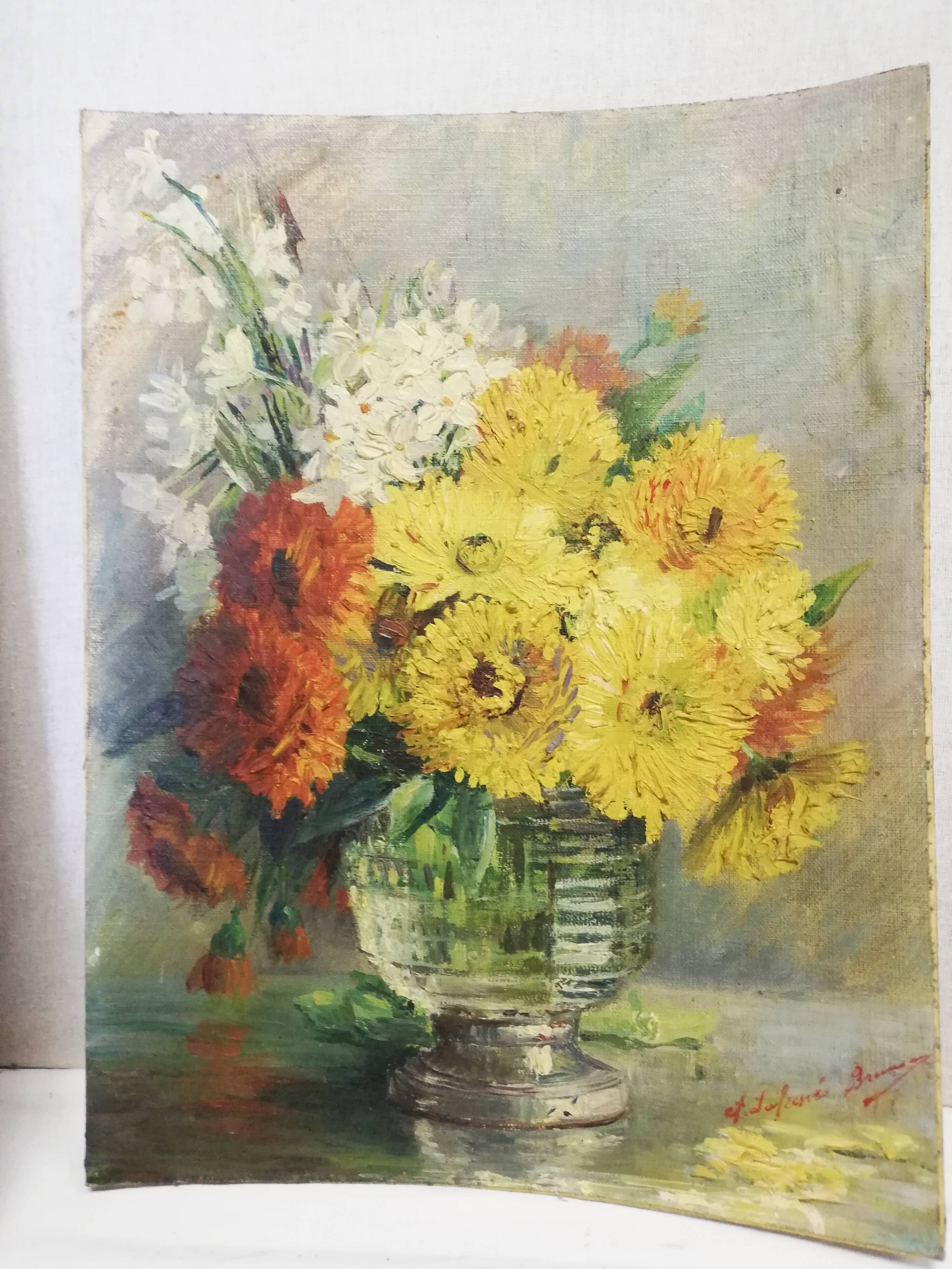 Oil on cardboard bouquet of flowers