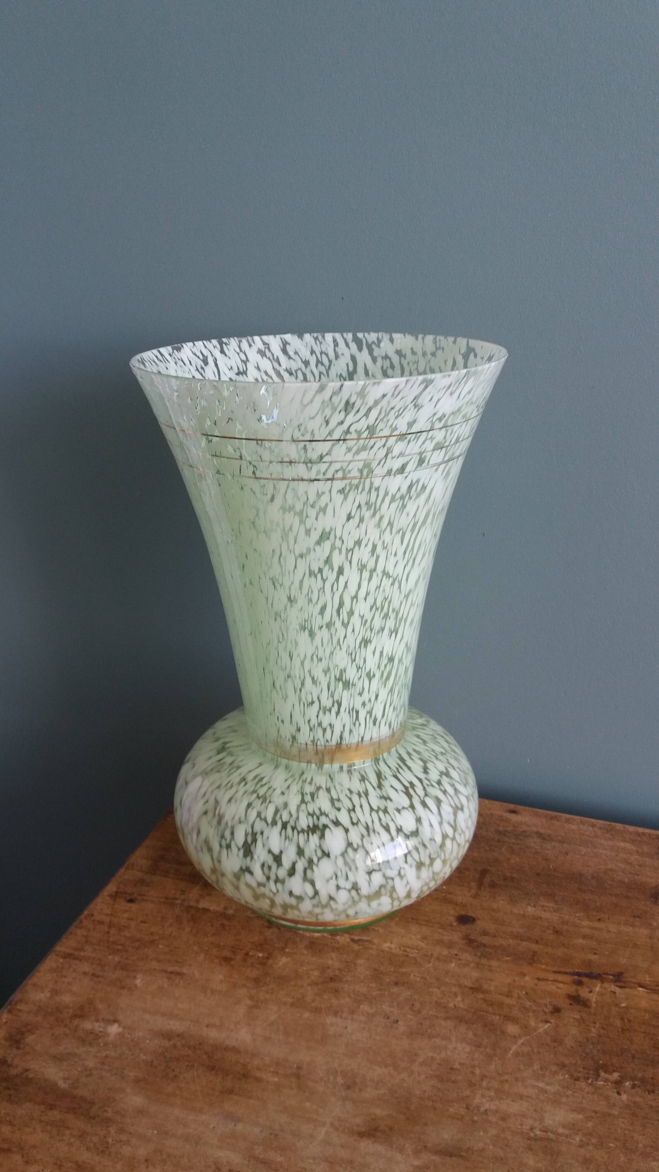 Green speckled glass vase from Clichy with gold threads.