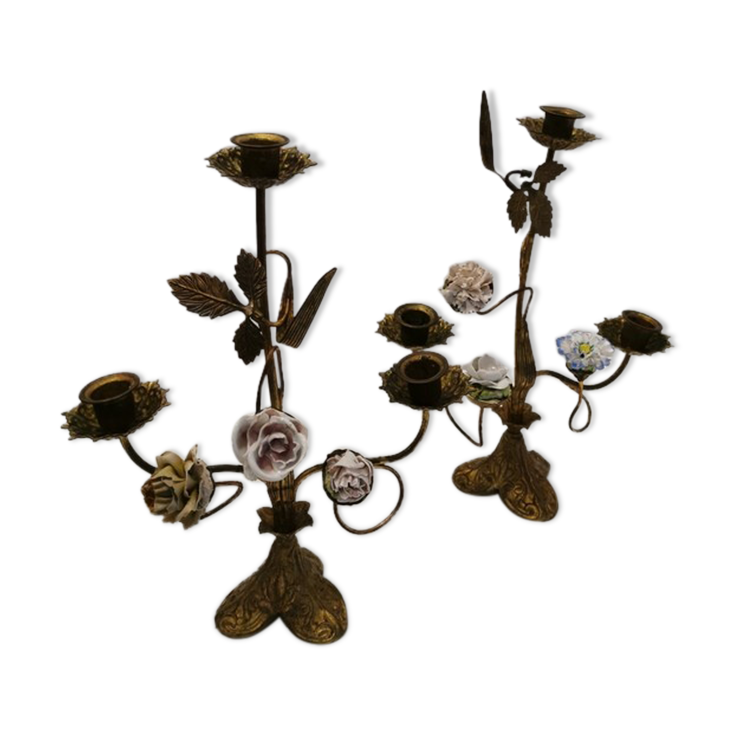 Paire de candelabres d'église fleurs céramique