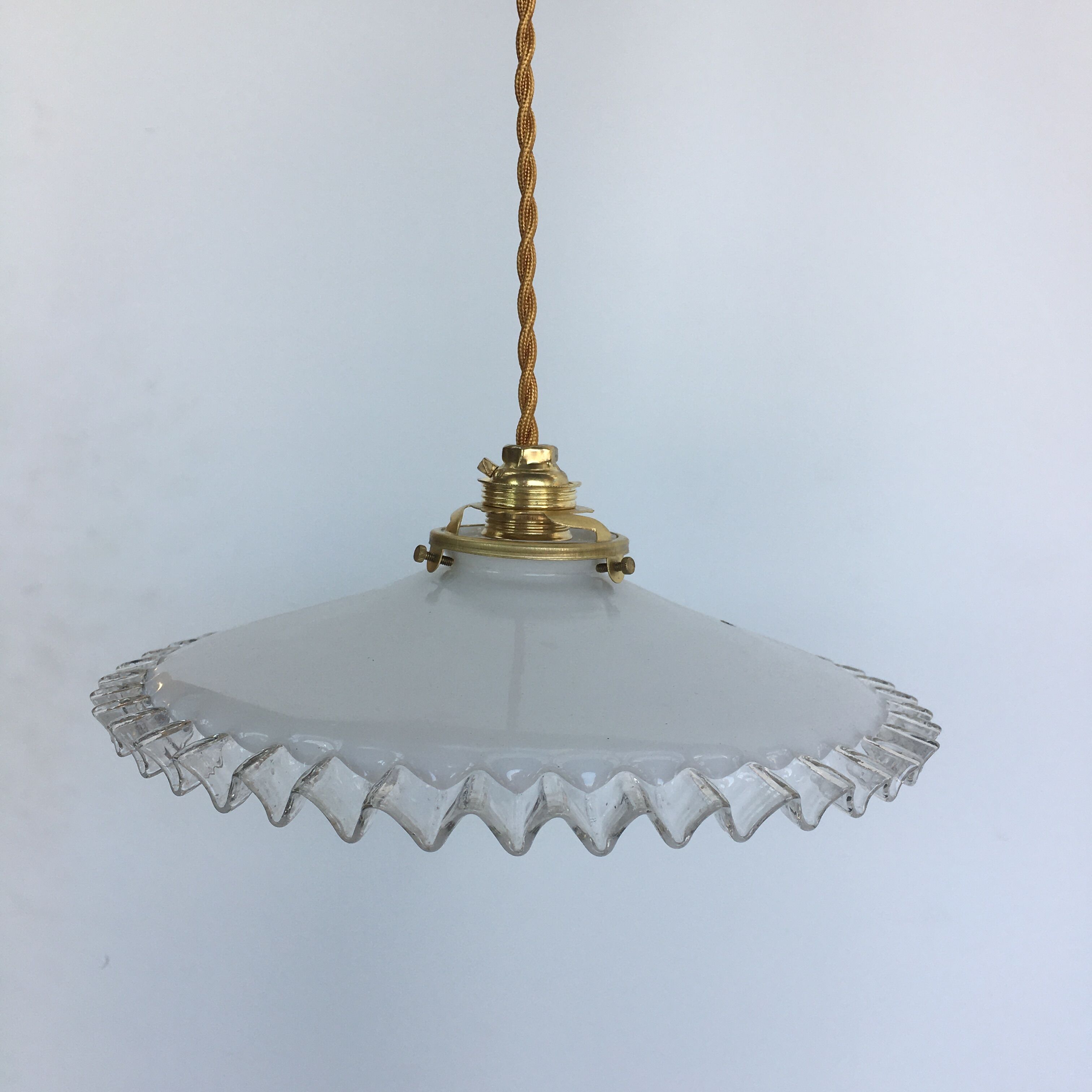 Pair of white opaline and toothed edges hanging lamps