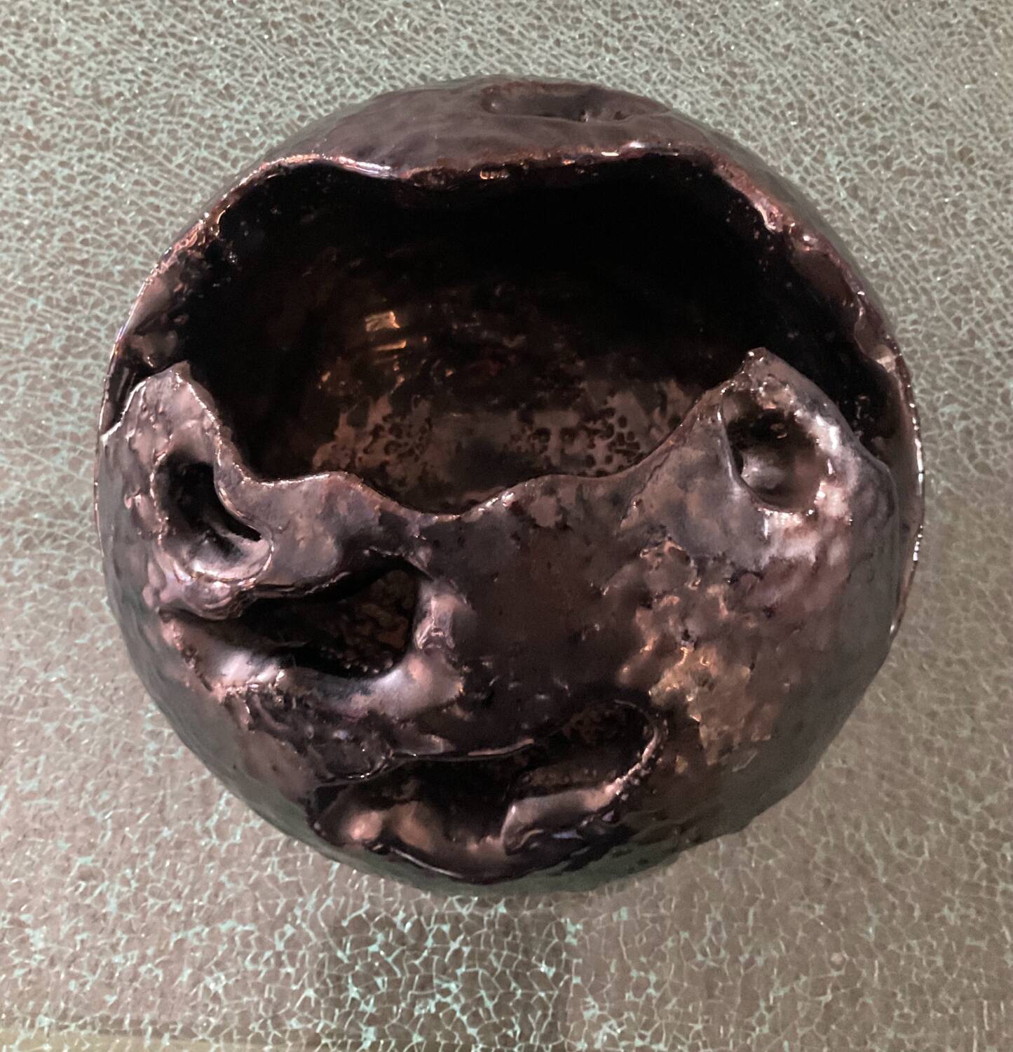 Large brutalist spherical vase in iridescent glazed terracotta