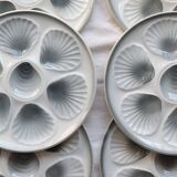 6 vintage Moulin des Loups earthenware oyster plates in shades of blue and grey