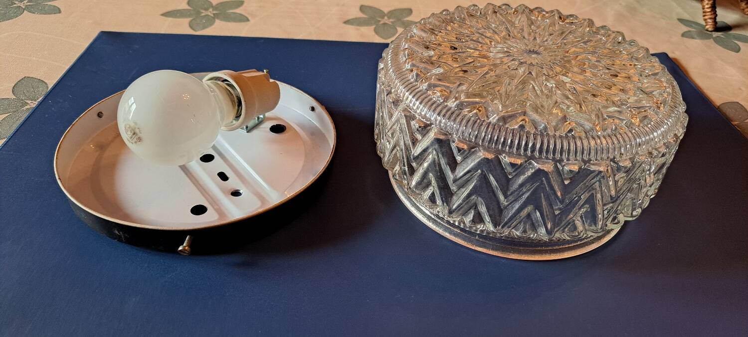 Antique large ceiling light in molded pressed glass.