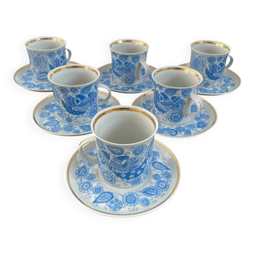 Coffee and tea set, vintage, stylized bird decor, retro, design, blue