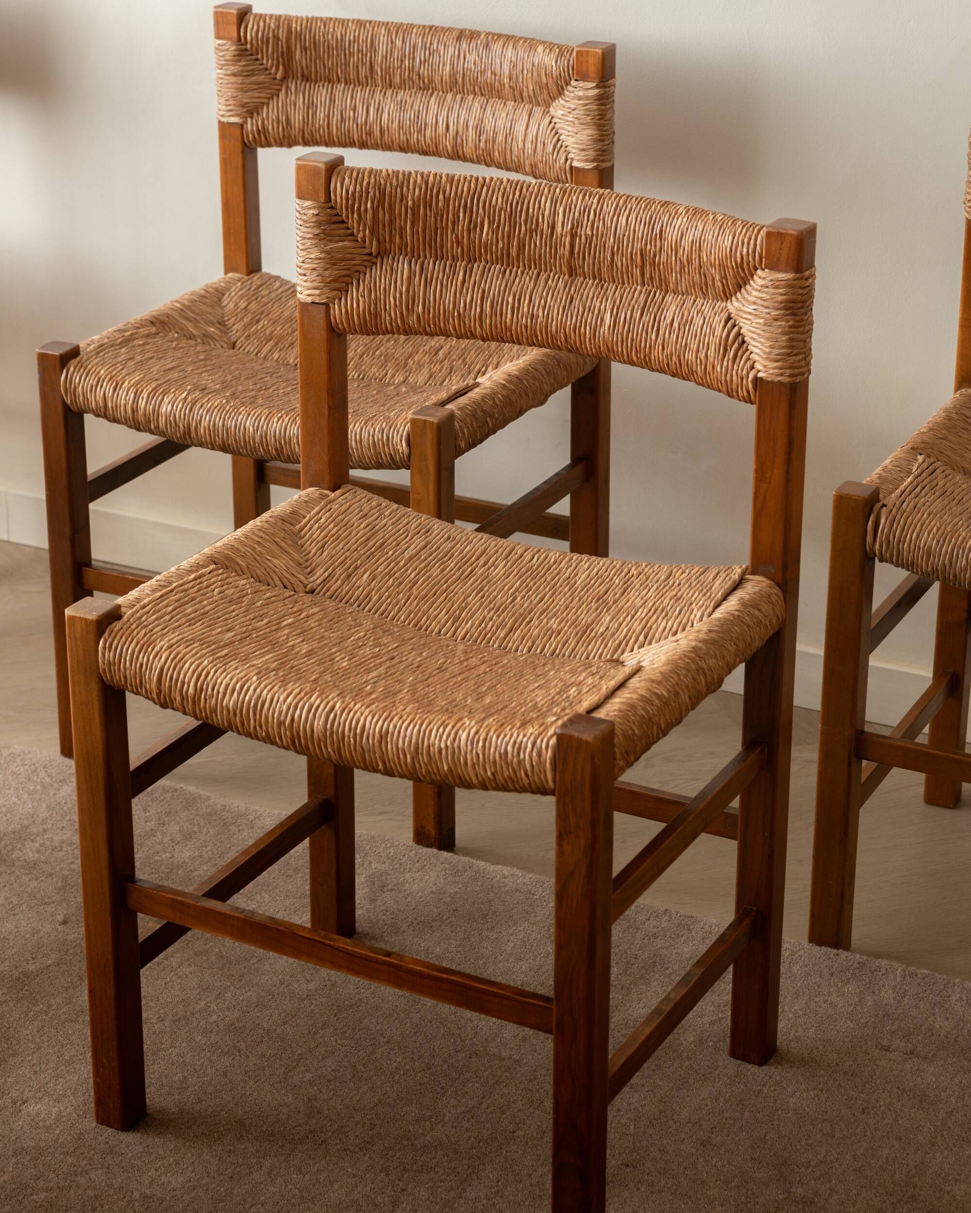 Vintage set of six French mid-century dining chairs in wood and rush, 1960s