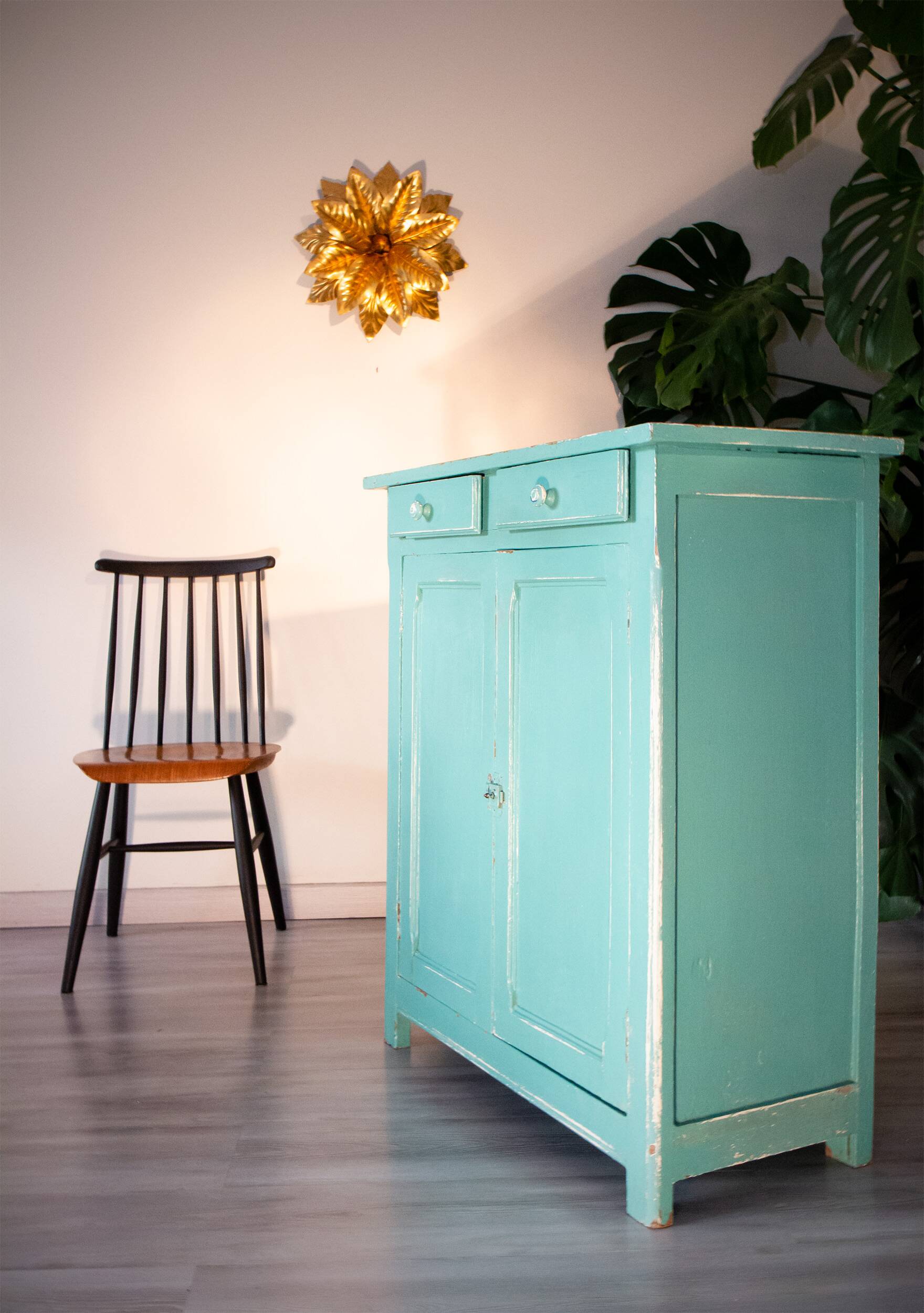 Parisian water green sideboard, patinated wood, 1950