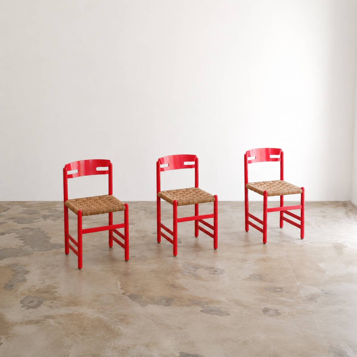 Set of 3 Swedish dining chairs in red with papercord weaving