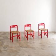 Set of 3 Swedish dining chairs in red with papercord weaving