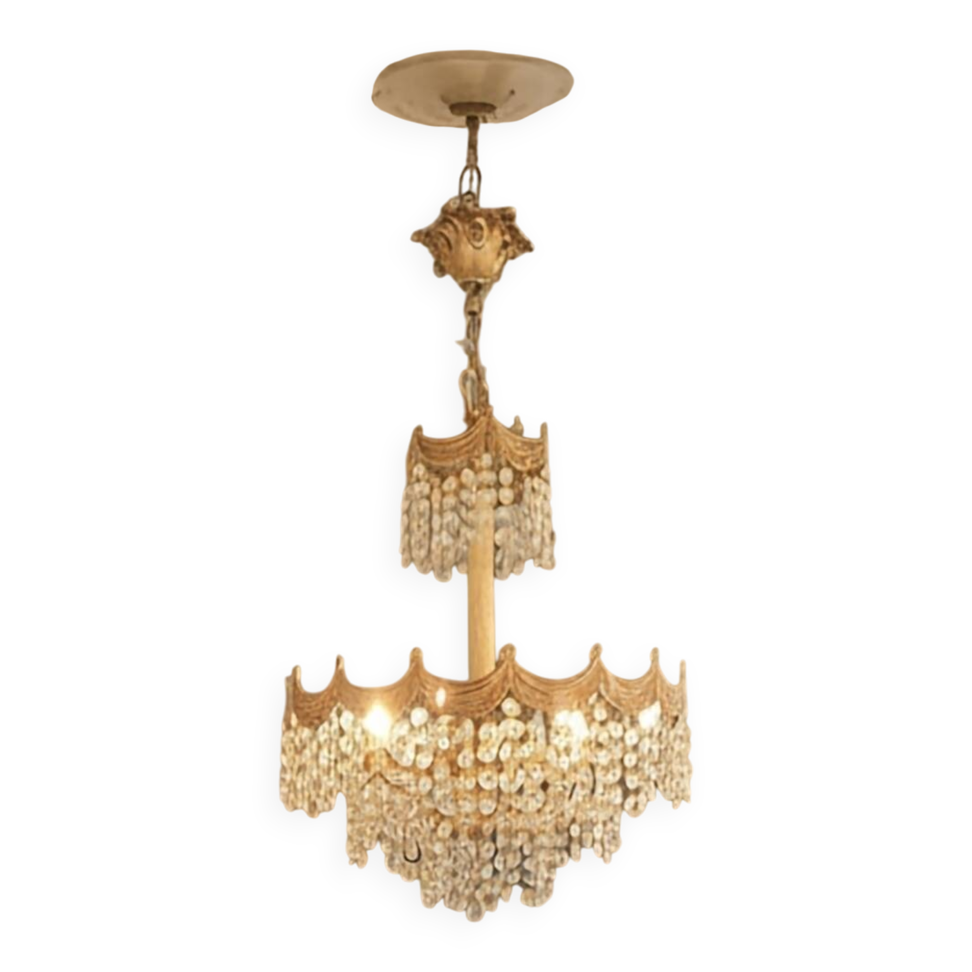 Post Art Deco 4-Tier Gold-Plated Brass & Crystal Chandelier – 1960s