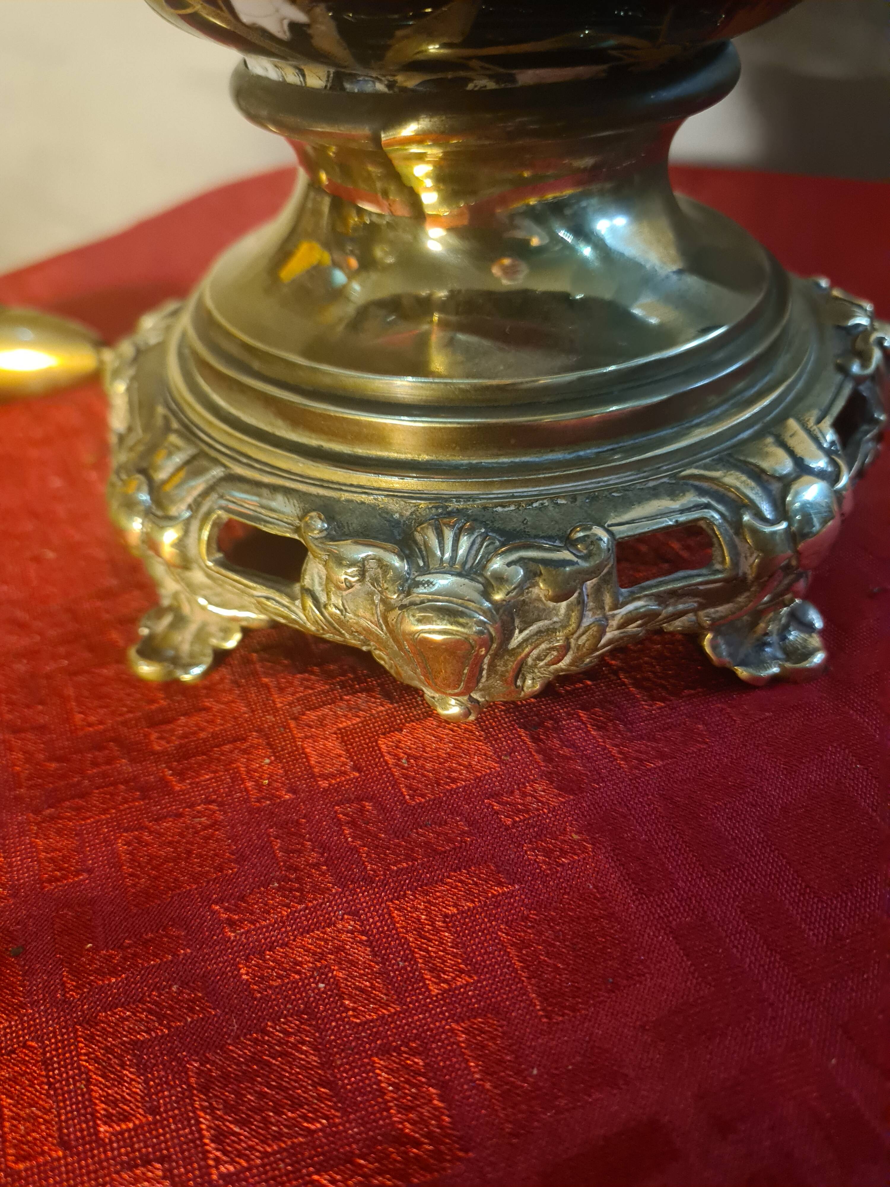 ceramic lamp in Gien style, and bronze, 54x25 with glass shade
