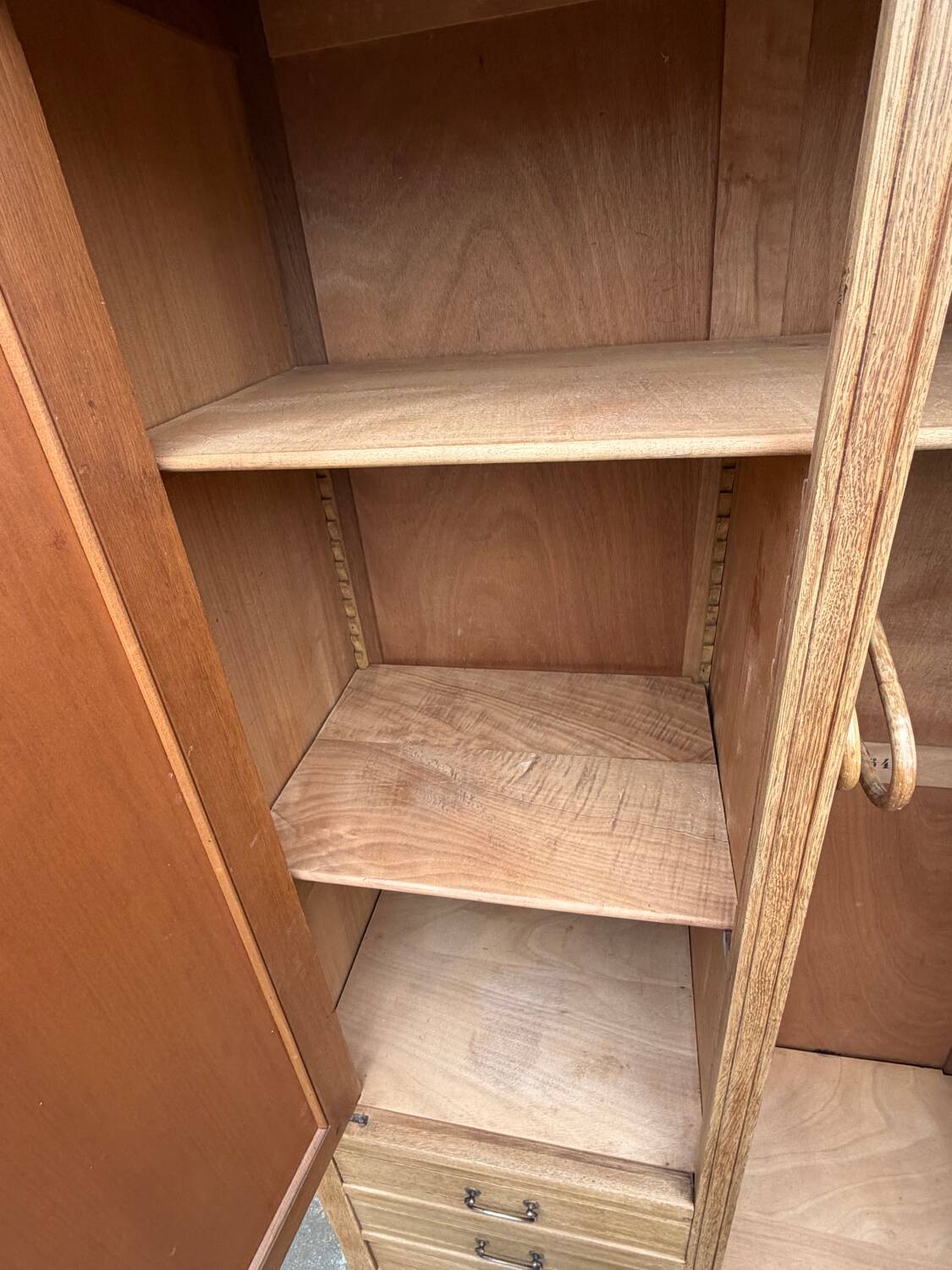 Parisian hotel wardrobe with bevelled mirror, solid raw oak, 1920.