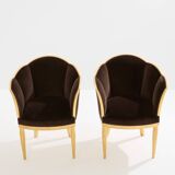 Maurice Dufrène pair of armchairs, gilded wood, brown velvet, 1925.