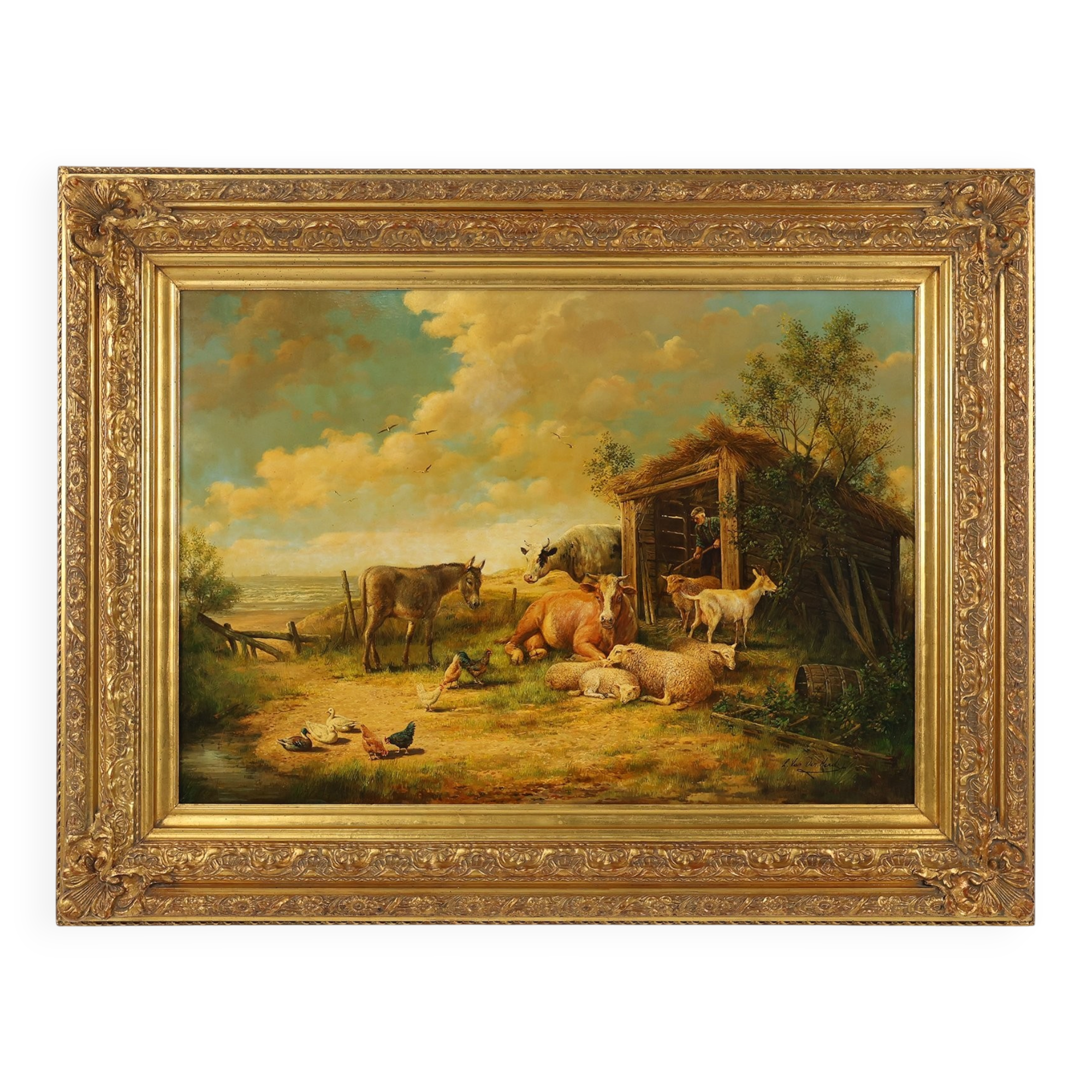 Belgian Artist, Farm Scene, 20th Century, Large Oil on Canvas, Framed