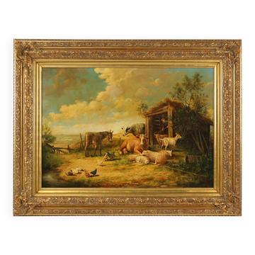 Belgian Artist, Farm Scene, 20th Century, Large Oil on Canvas, Framed
