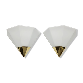 Pair of opaline glass and brass wall lamps / sconces from limburg, germany, 1980s