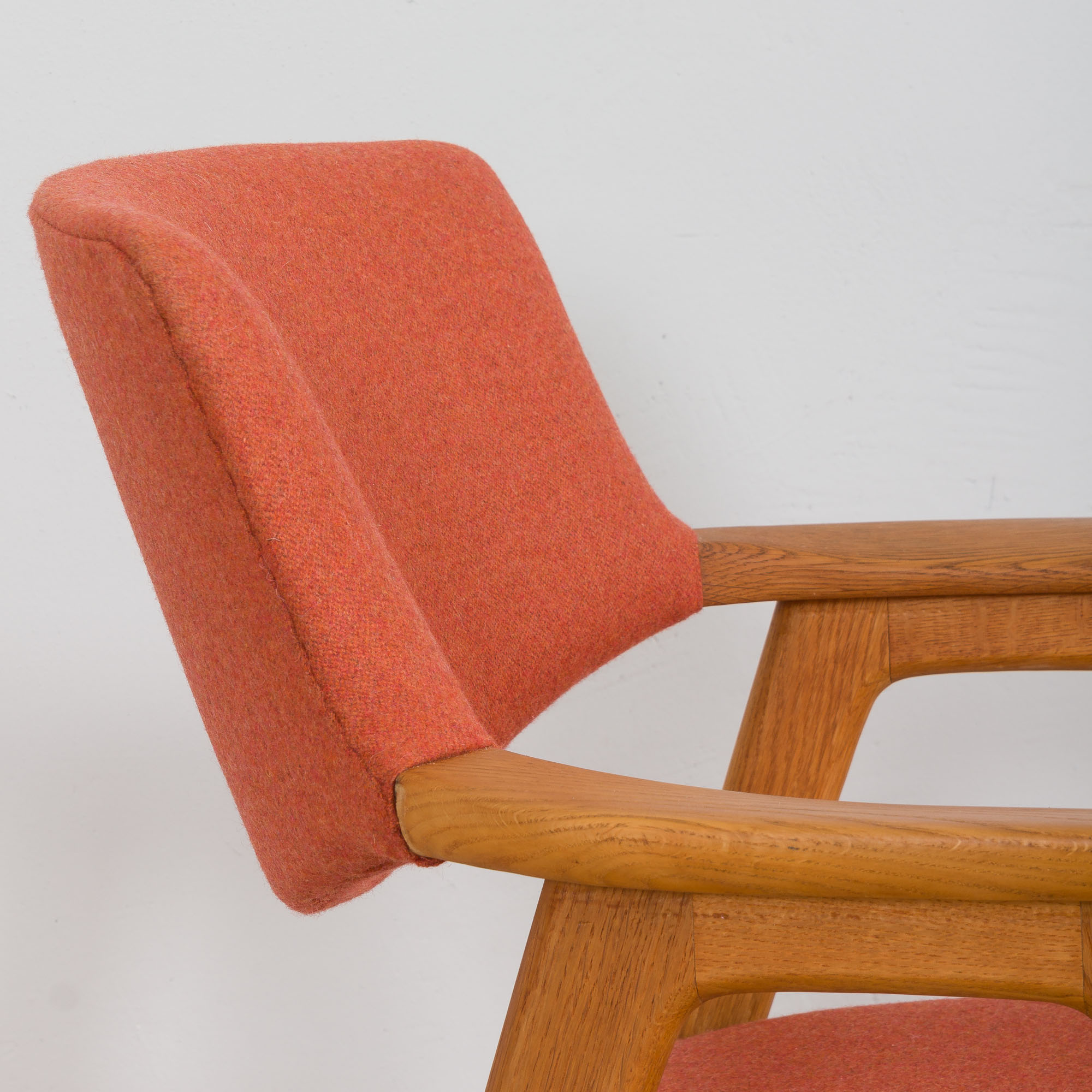 Erik Kirkegaard Oak desk chair in new pale red  wool upholstery.