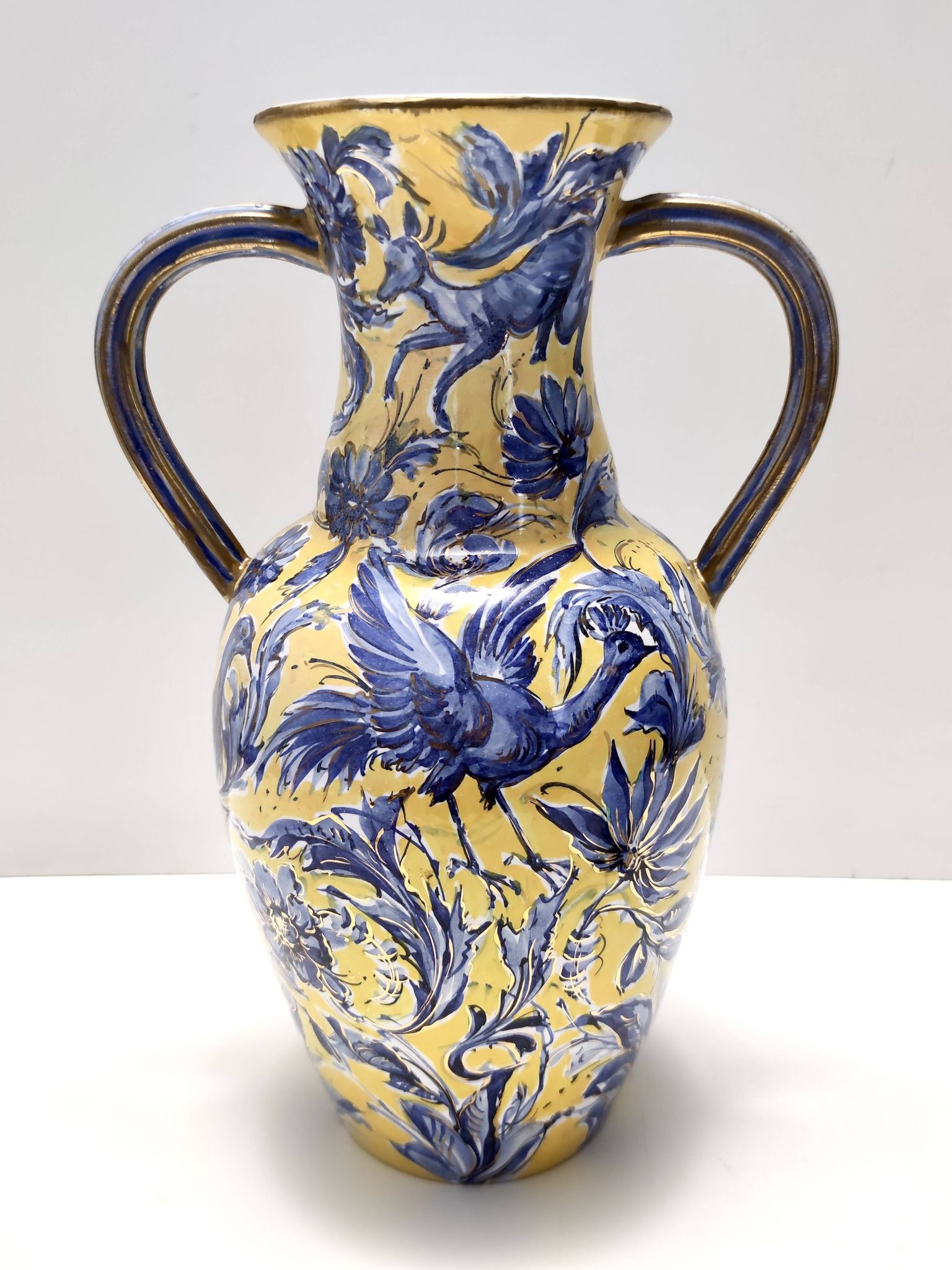 Vintage Handmade Yellow and Blue Glazed Ceramic Amphora by Zulimo Aretini, Italy