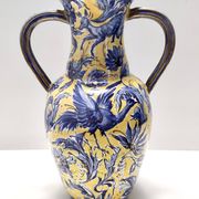 Vintage Handmade Yellow and Blue Glazed Ceramic Amphora by Zulimo Aretini, Italy