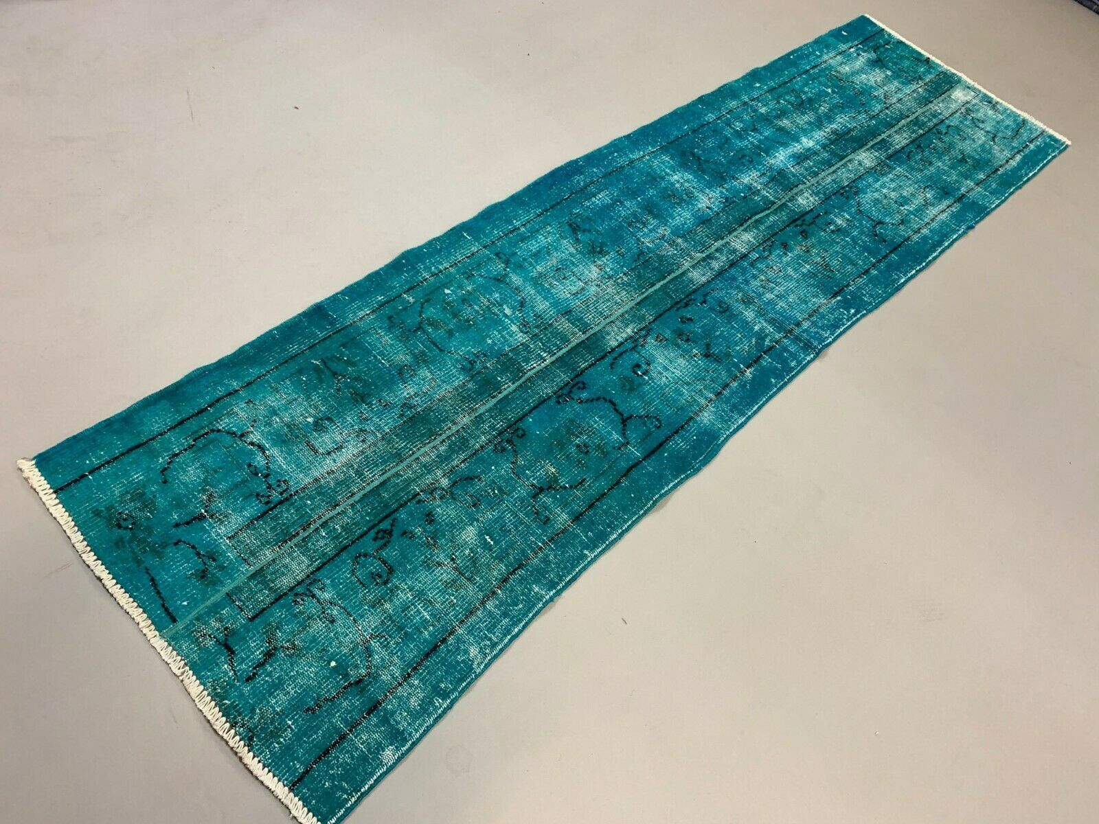 Distressed Turkish Runner 272x78 cm wool Vintage rug, Overdyed Blue
