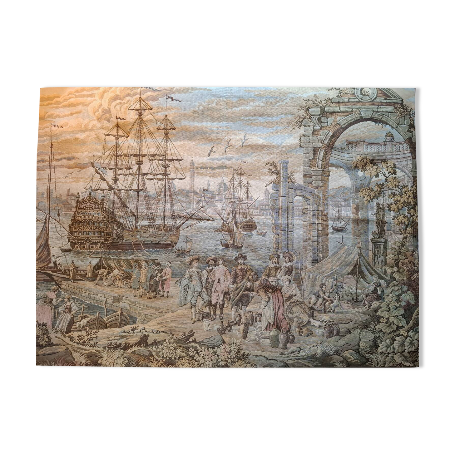 Old wall tapestry "Harbour Scene" The Woven Arts of France