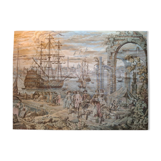 Old wall tapestry "Harbour Scene" The Woven Arts of France