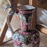 Antique hand-painted earthenware pitcher – Red and green floral decoration