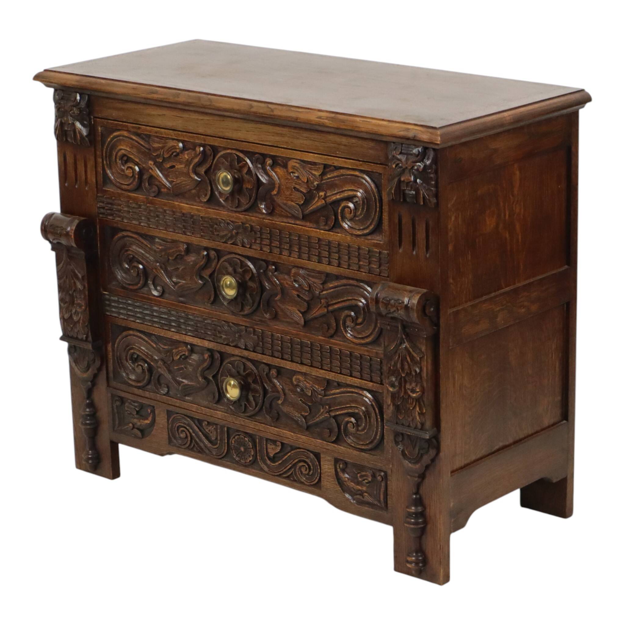 Vintage Carved Oak Cabinet/Chest of Drawers with Mythical Figures