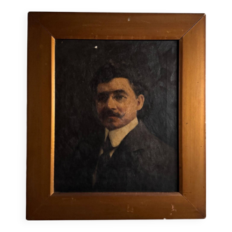 Huile sur toile portrait d'homme portant lunettes et moustache début XXe