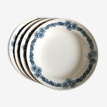 4 assiettes creuses "Denise", terre de fer, décor bleu de fleurs