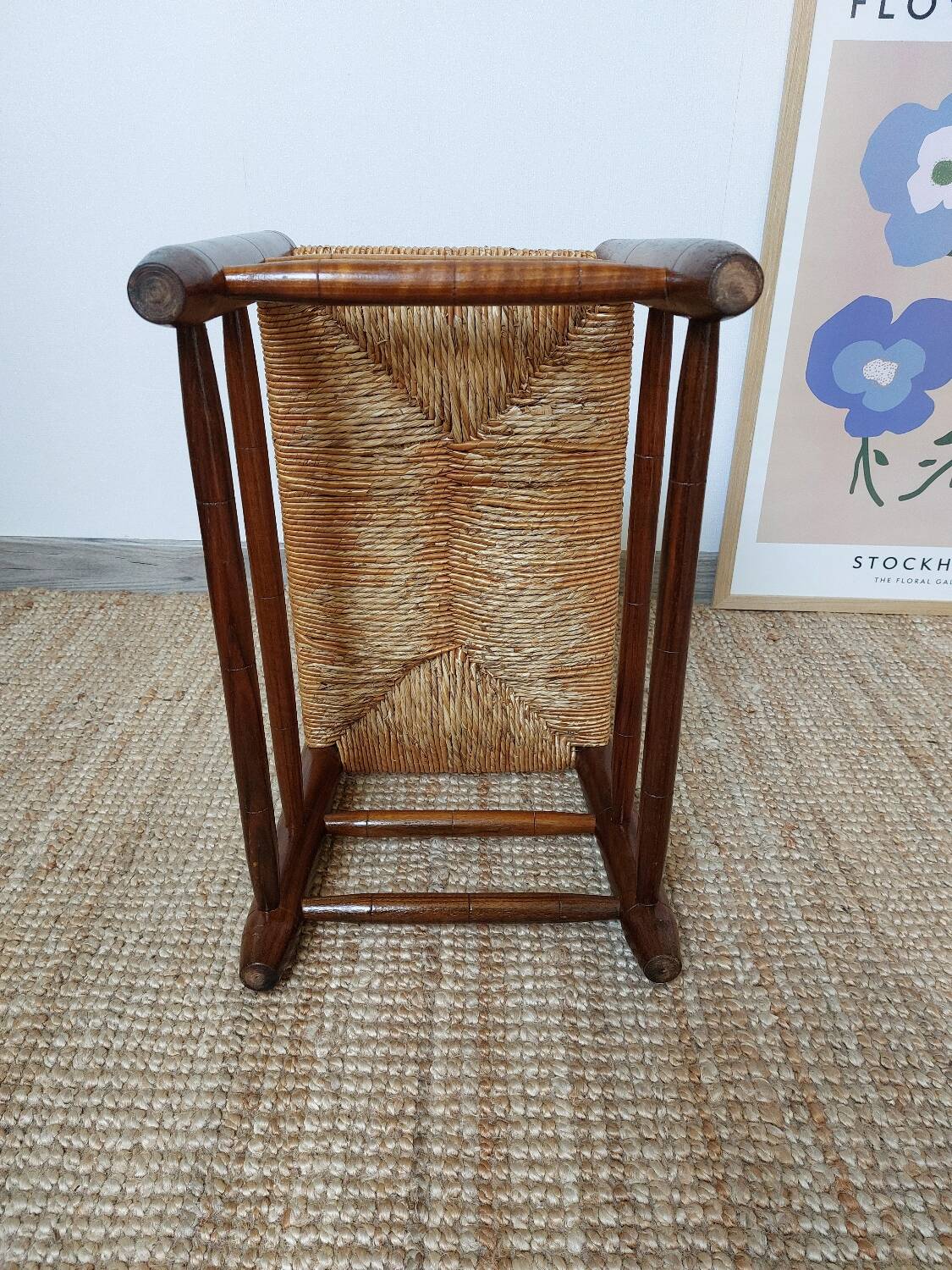 Vintage woven straw wooden stool