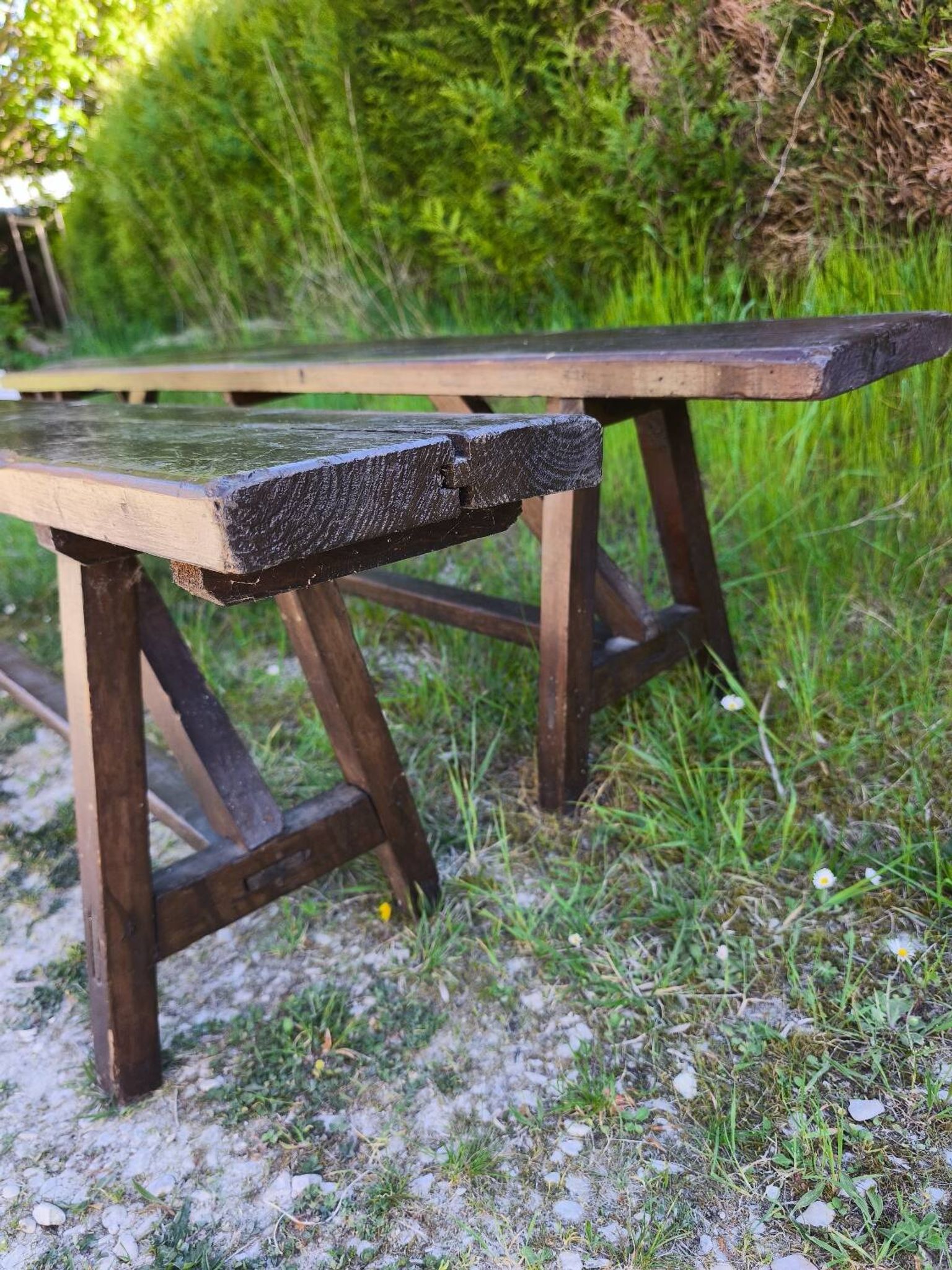 Pair of rustic antique long benches in solid wood – 195 cm