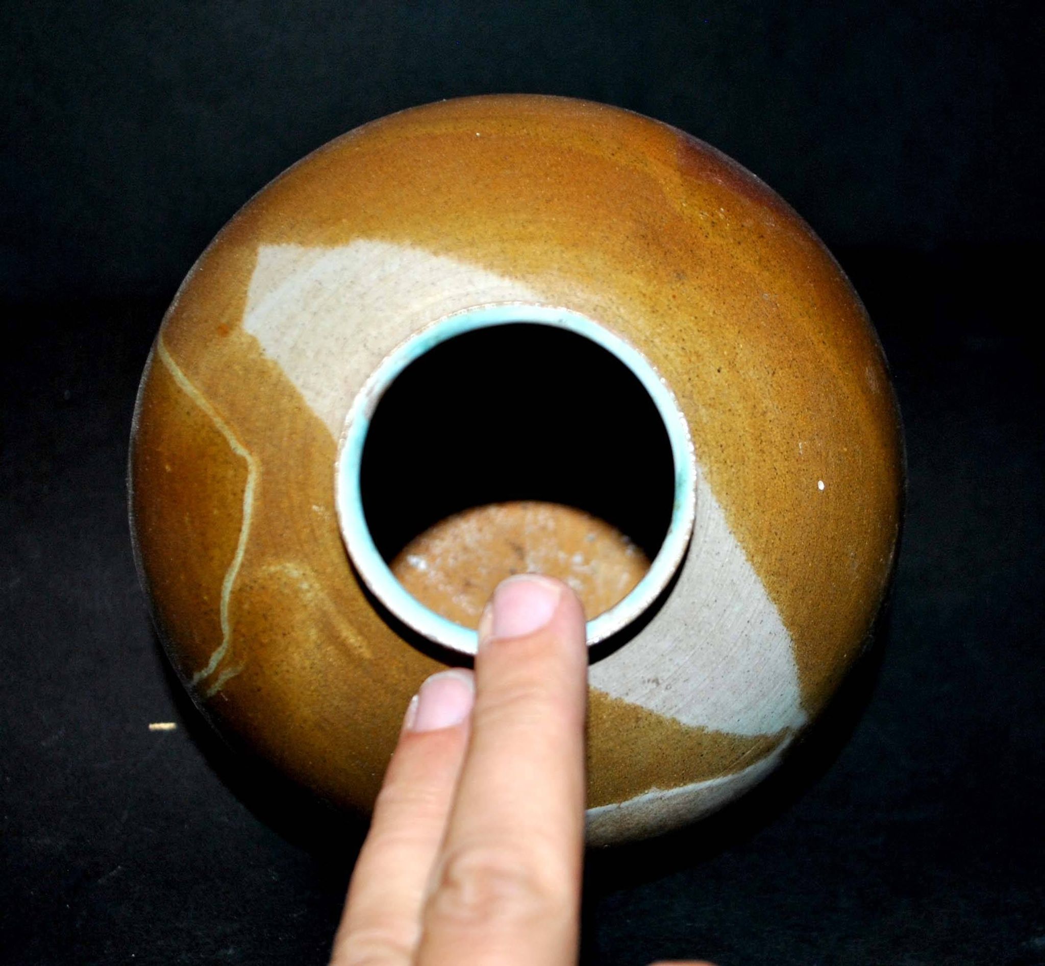 Vintage ball vase in flamed stoneware 1960 - caramel color with blue flow - signed DS