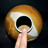 Vintage ball vase in flamed stoneware 1960 - caramel color with blue flow - signed DS