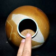 Vintage ball vase in flamed stoneware 1960 - caramel color with blue flow - signed DS
