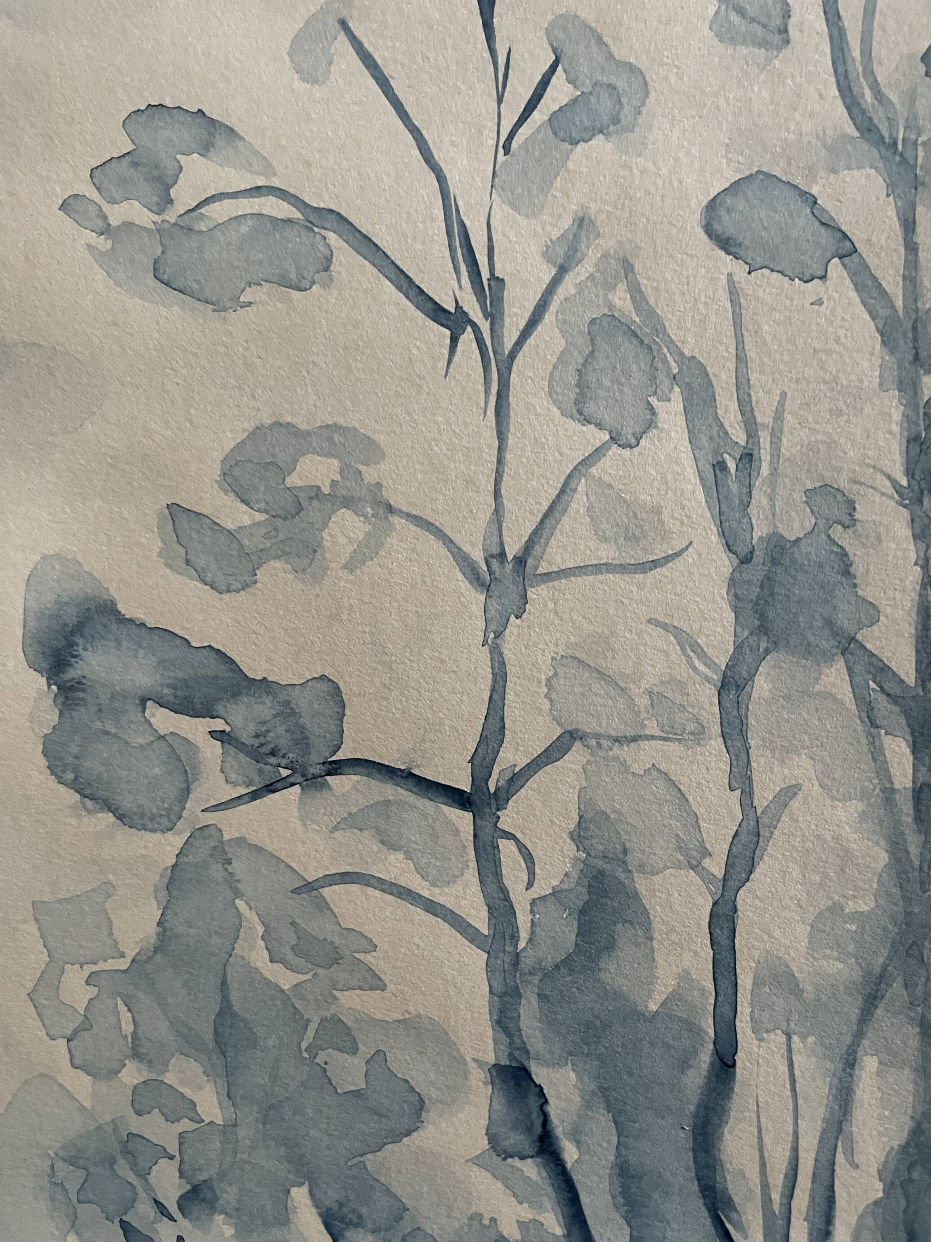 Tableau Aquarelle signé monochrome blue jeans « la forêt bleue »