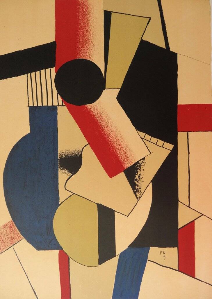 Fernand leger: cubist composition on guitar, signed lithograph - 1979
