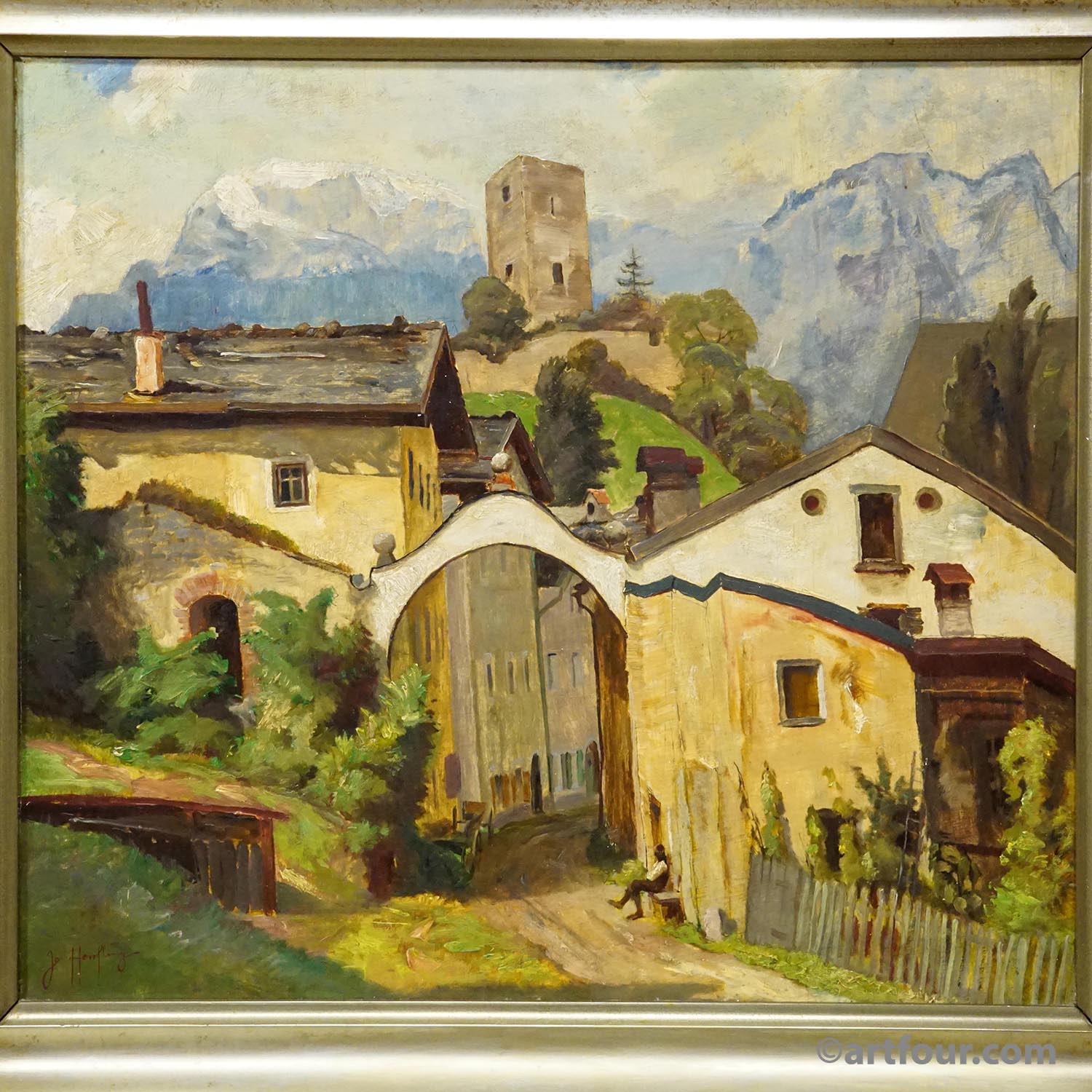 Biedermeier painting of a European alpine village, late 19th century.