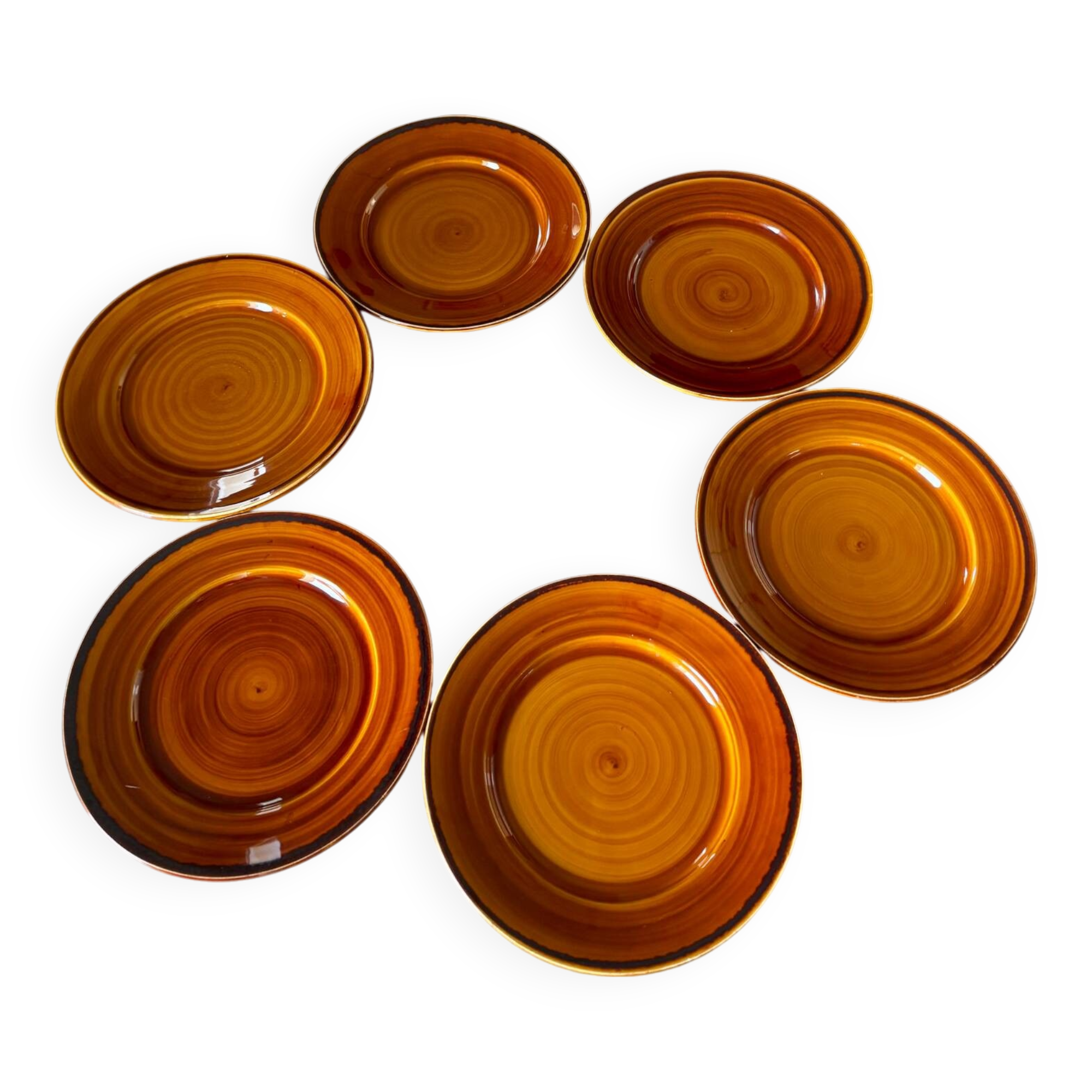 Vintage set of 6 large brown Luneville plates