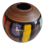 Mid-century pattern Vetrata vases and bowls by Aldo Londi for Bitossi Italy. Black, blue, orange and yellow on a brushed background.