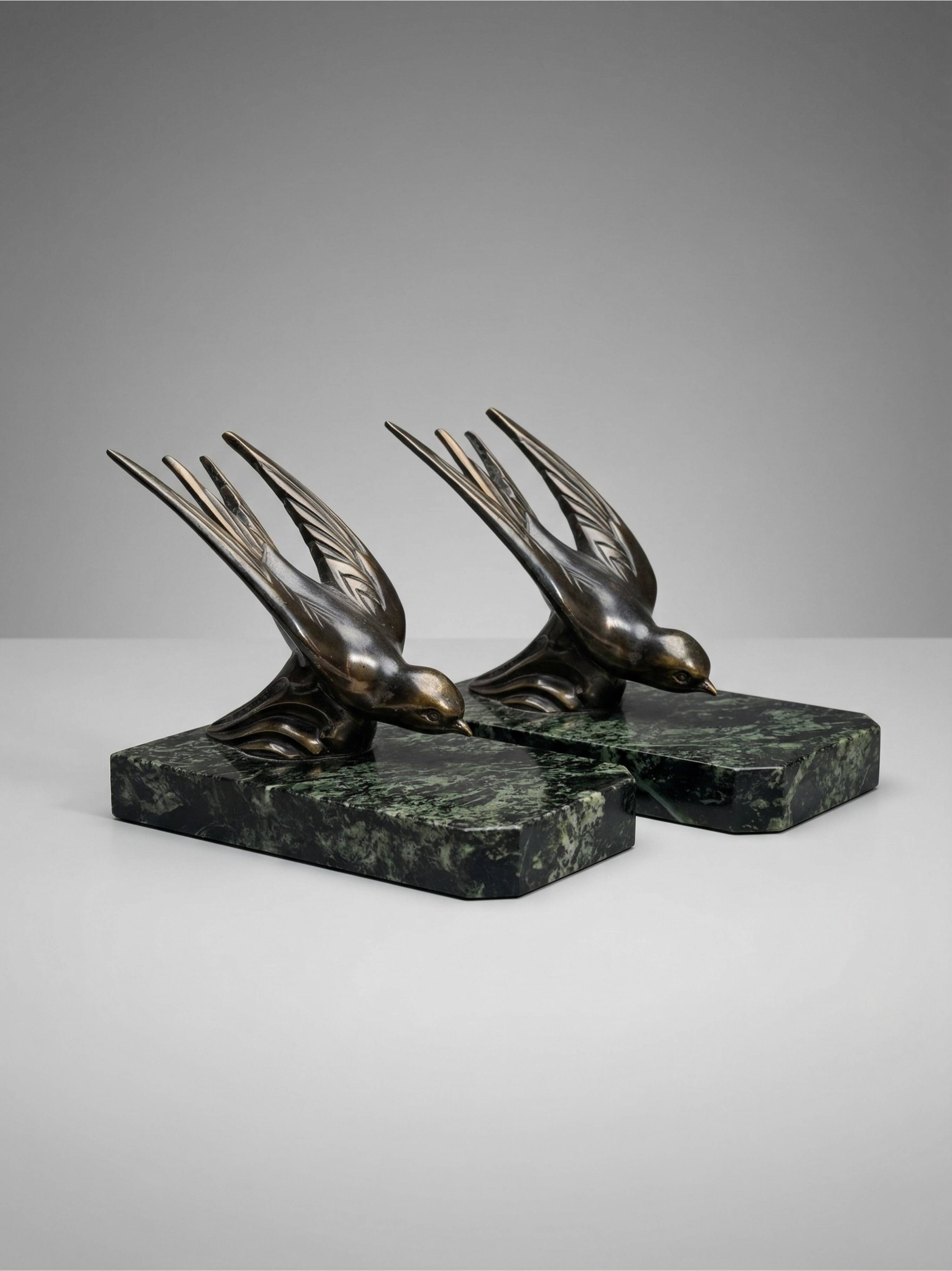 Art Deco bookends – Patinated swallow design in spelter - Green marble